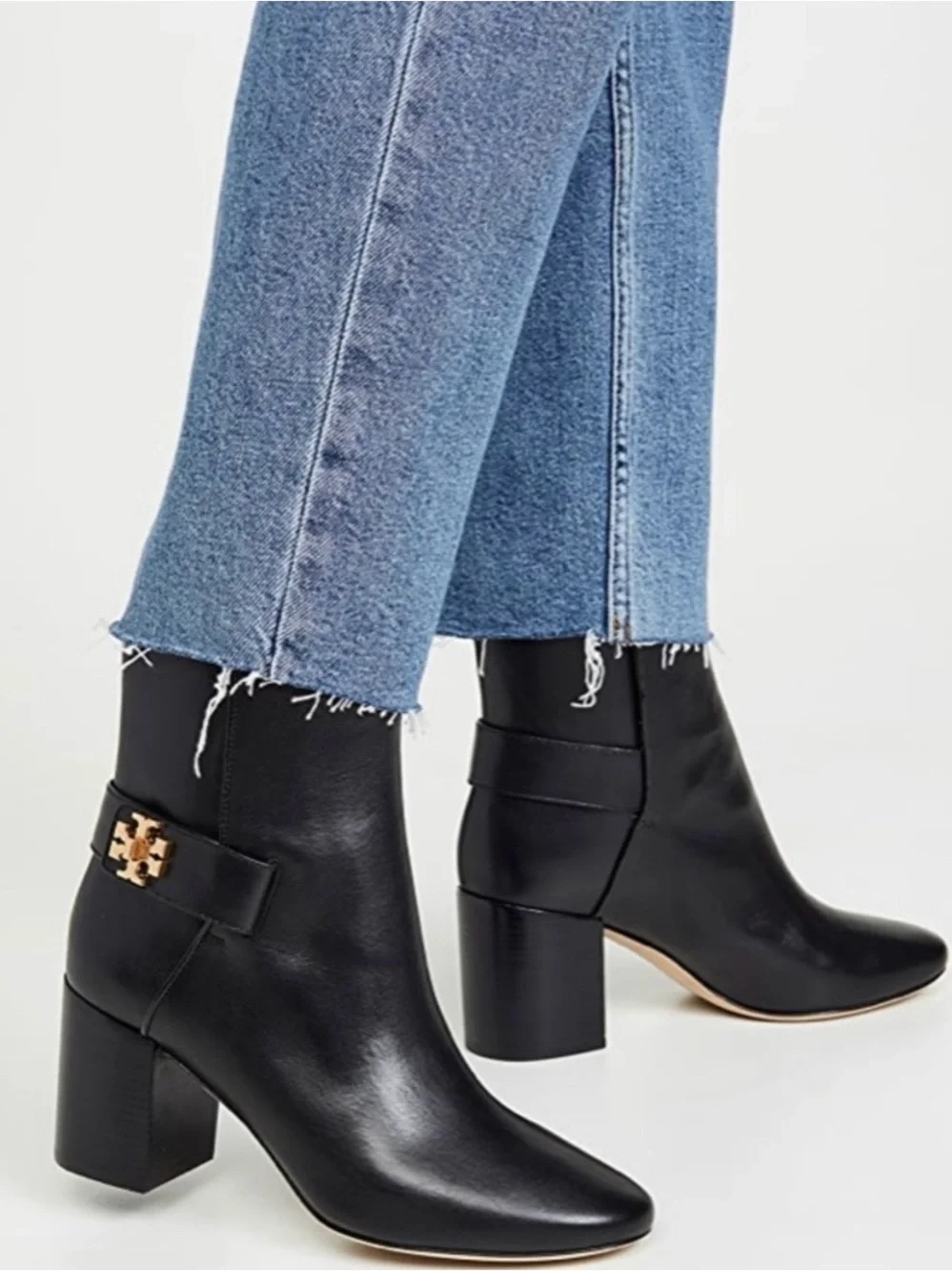 Tory Burch Black Leather Block Heel Ankle Booties with Gold Logo